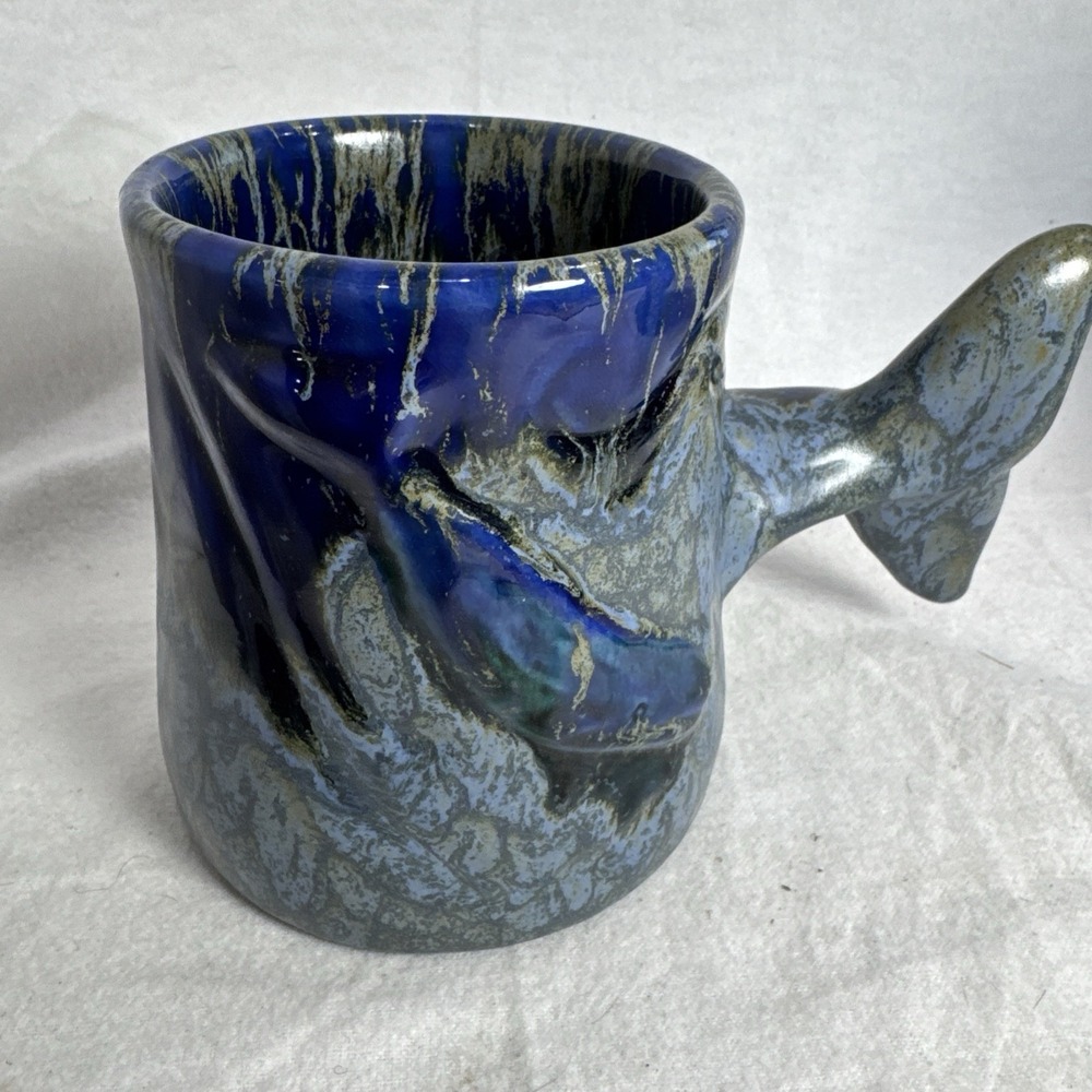 Doug Wylie Style Handmade Art Pottery Mug Cup Whale Tail Handle Drip Glaze Blue